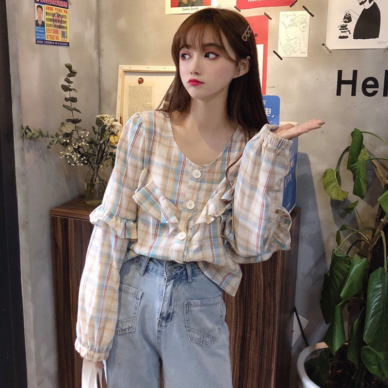 cowboy shirt Pure girl student lattice Long sleeve shirt 2020 new pattern Korean Edition V-neck nylonin the Women's clothing/Boutique , Shirt  category - from Buy2taobao.com to provide professional Taobao agent buy service