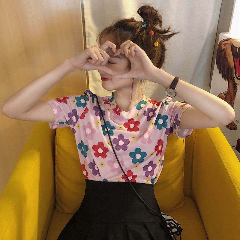 HyunA have cash less than that is registered in the accounts jacket 2019 new pattern Korean Edition Floret printing Self cultivation Pink Short sleeved T-shirt student ins tidein the Women's clothing/Boutique , T-shirt  category - from Buy2taobao.com to provide professional Taobao agent buy service