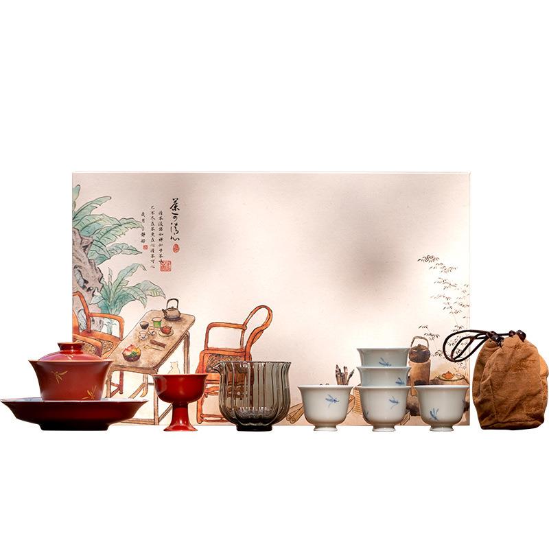 手2023-2-1绘兰花式陶瓷功夫茶具用泡茶碗套家组文人高茶室中礼品