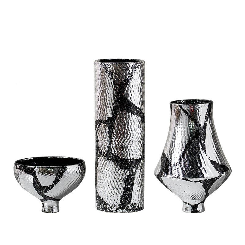 软新中式高级装感电镀银箔艺术陶瓷器花ZOG售楼处客厅花瓶摆件