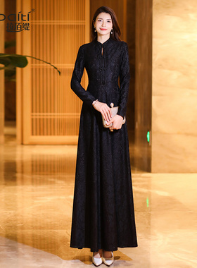 新中式黑色连衣裙女2025秋季新款气质轻奢质感连身裙复古长裙880