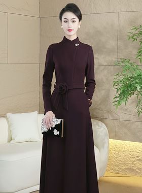 紫色端庄大气连衣裙女秋冬2025新款高端气质高级感毛呢长裙子3031