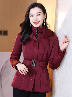 酒红色短款羽绒服女2025冬新款高端修身假两件妈妈白鸭绒保暖冬装