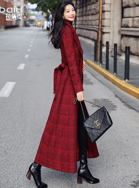 红色格子2025冬新款毛呢大衣西装领气质修身女士外套过膝超长853