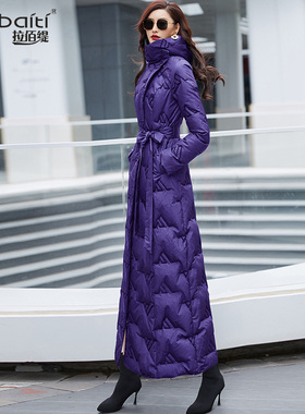 长款羽绒服2024年新款女紫色连帽时尚白鸭绒过膝超长保暖外套冬季