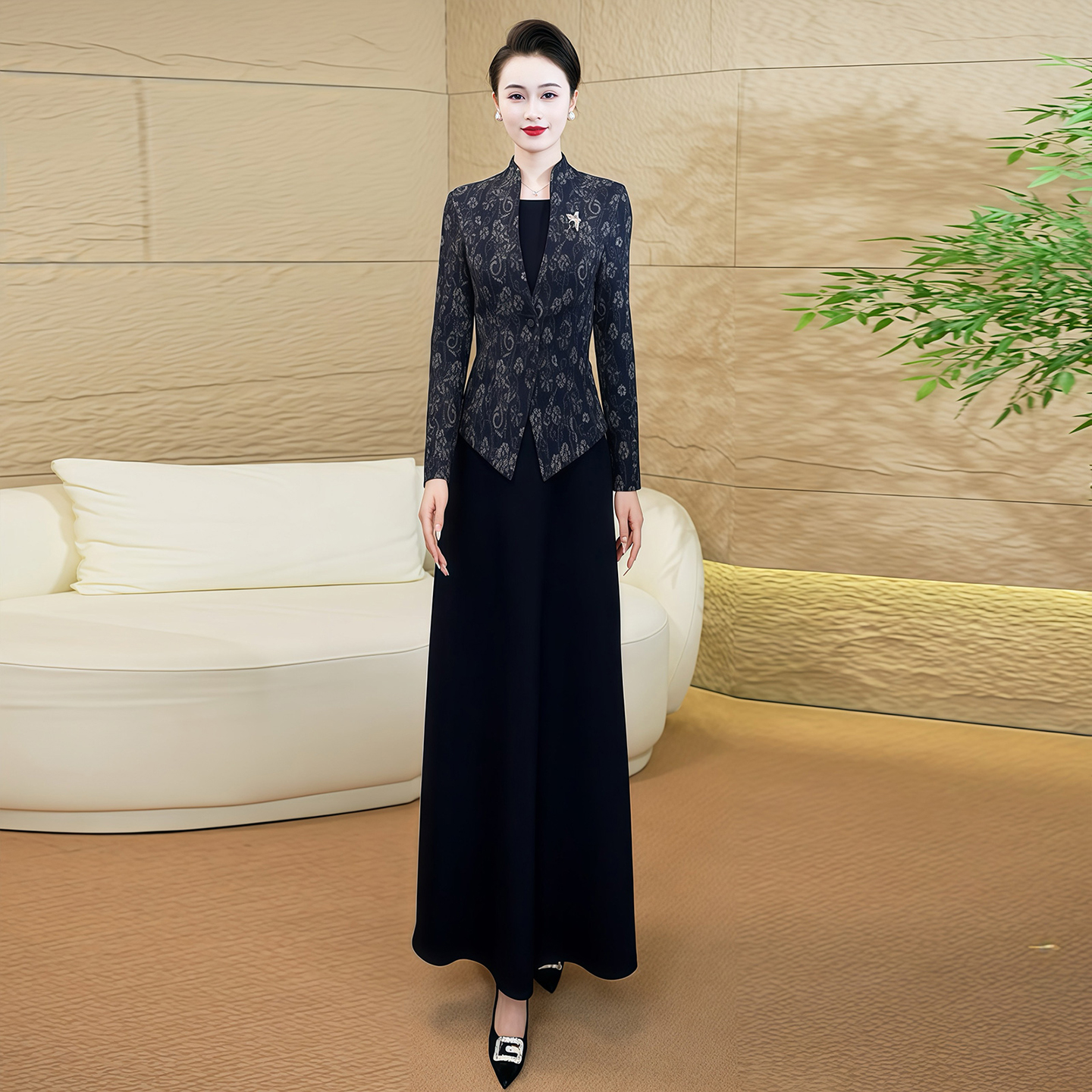 秋冬假两件藏蓝色毛呢连衣裙