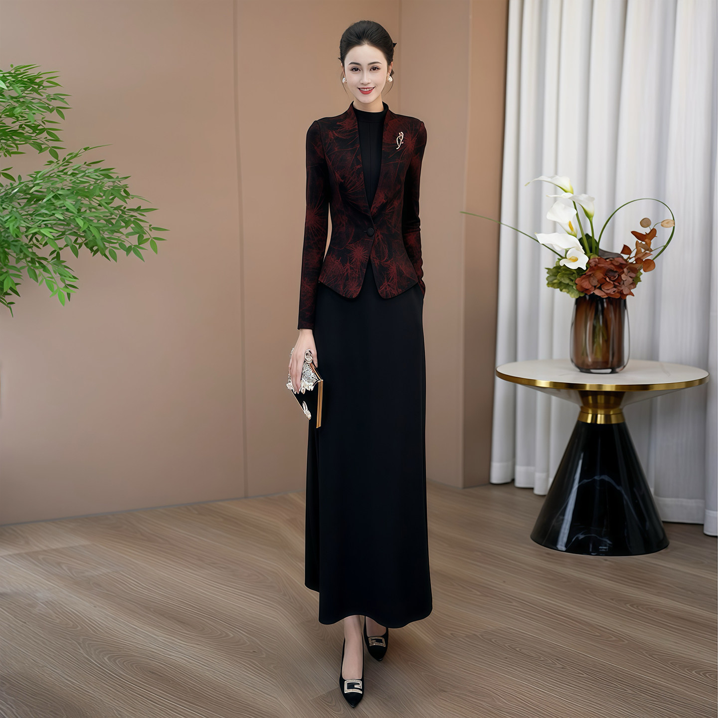 黑色长袖婚宴婆婆礼服连衣裙
