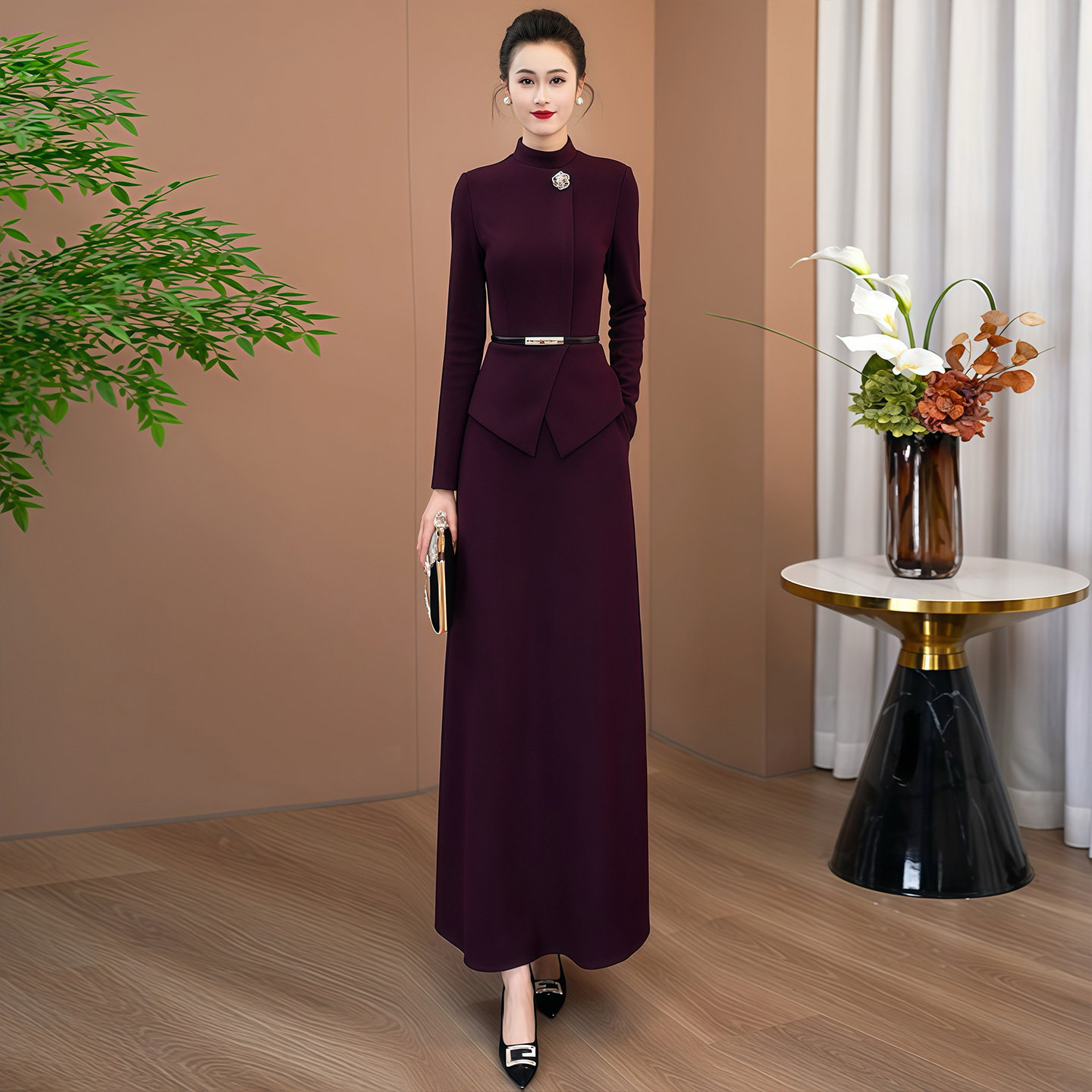 黛紫色晚礼服裙女2025新款高级感出席正式场合穿的显瘦保暖裙111