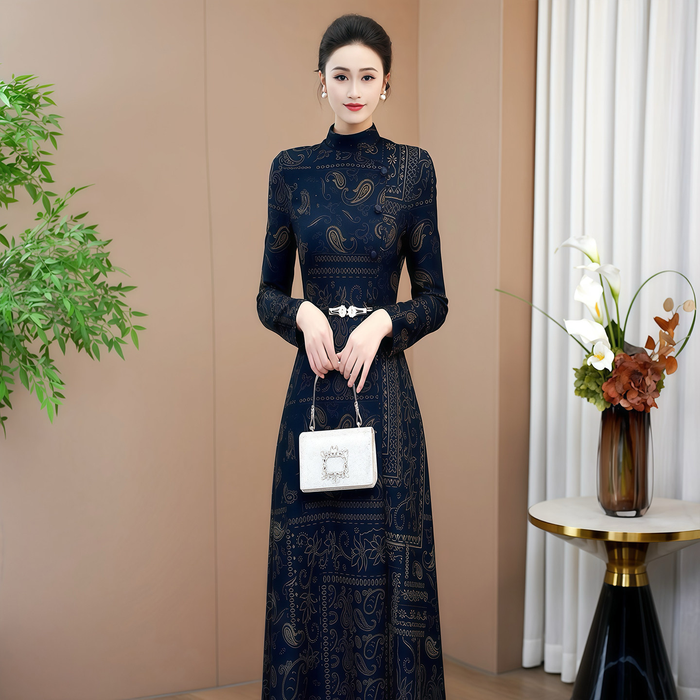 花色显瘦连衣裙2026秋冬新品优雅长裙子气质百搭呢子打底连身裙