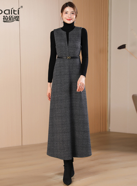 灰色格子通勤无袖背心连衣裙女2025秋季新款气质显瘦初冬毛呢裙