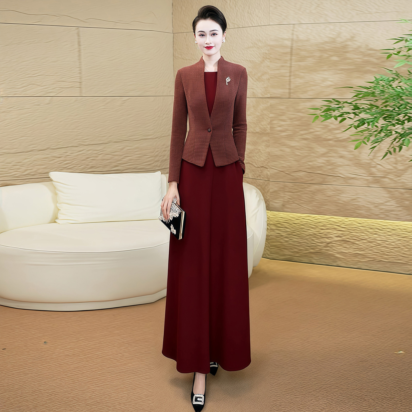 假两件毛呢长款连衣裙女秋冬