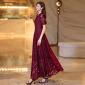 酒红色蕾丝连衣裙女2025夏季 新款 高级感气质显瘦长裙显瘦V领裙子