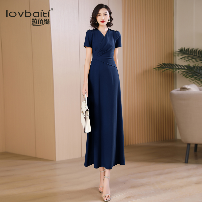 高端连衣裙奢华大牌女夏新款气质职业范正式场合精致藏蓝长裙824