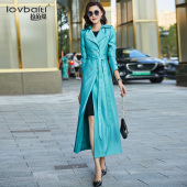 风衣女2026年新款 过膝春秋外套268 湖蓝色亮面双排扣气质流行长款