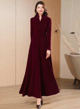 酒红长款秋冬连衣裙2025新款女气质收腰显瘦高级感喜婆婆长裙976