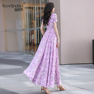 紫罗兰连衣裙女夏季2026新款气质显瘦大摆度假沙滩裙印花长裙778