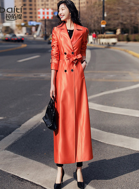 橙色亮面风衣女2023年春季流行气质修身英伦风长版过膝超长外套35