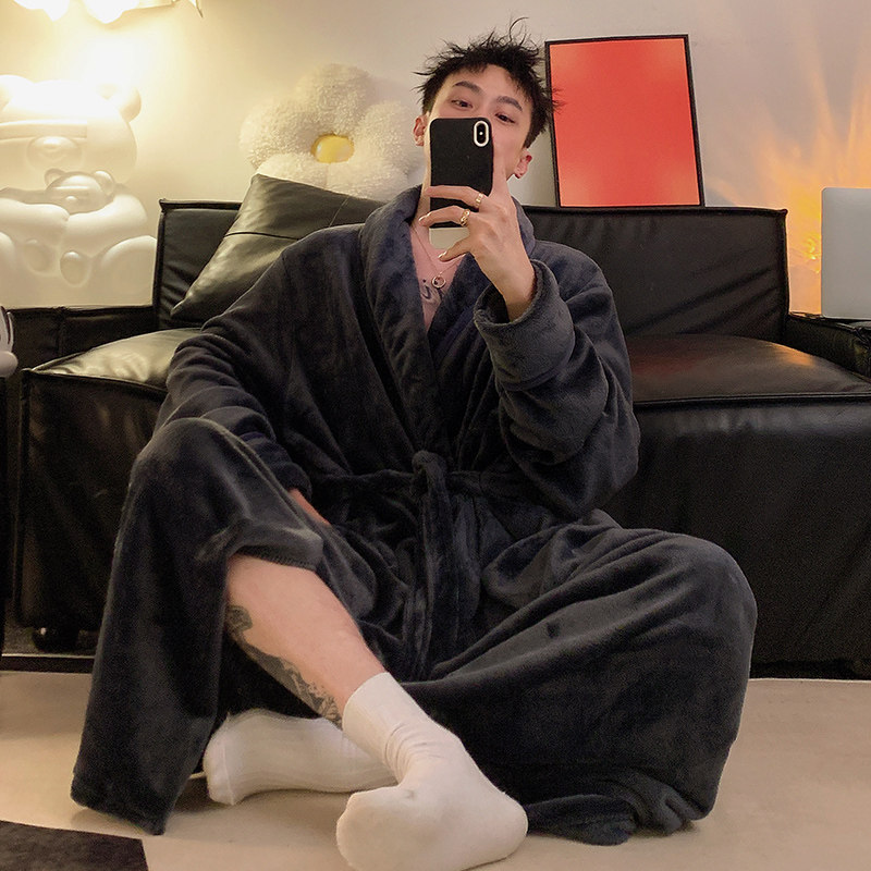 法兰绒睡袍超长特大宽松版情侣