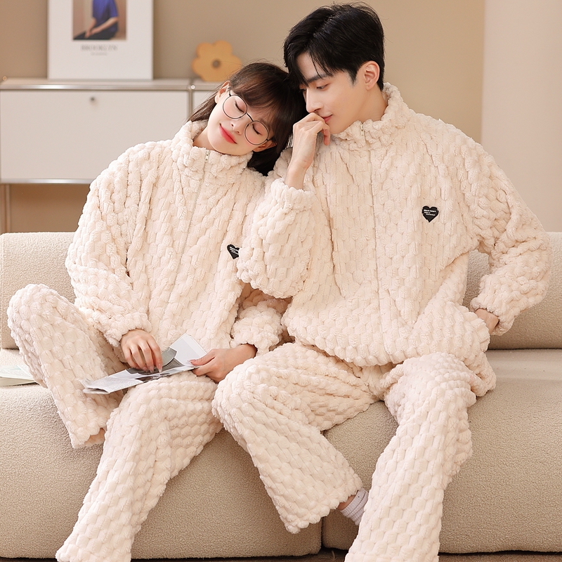 拉链珊瑚绒睡衣保暖女