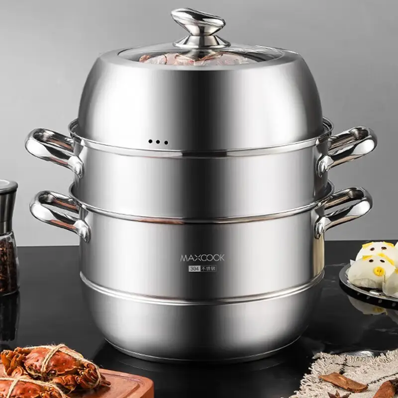 美厨MAXCOOK304不锈钢蒸锅三层蒸煮两用锅复底蒸鱼锅高拱盖30cm