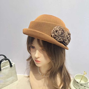 赫本风山茶花朵卷边亚麻帽蓓蕾帽女春夏薄款显脸小帽子千金风礼帽