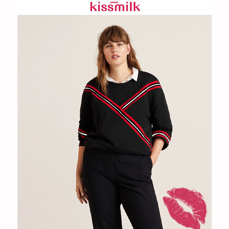 KISSMILK大码青春学院圆领撞色条纹织带拼接宽松套头加绒卫衣女
