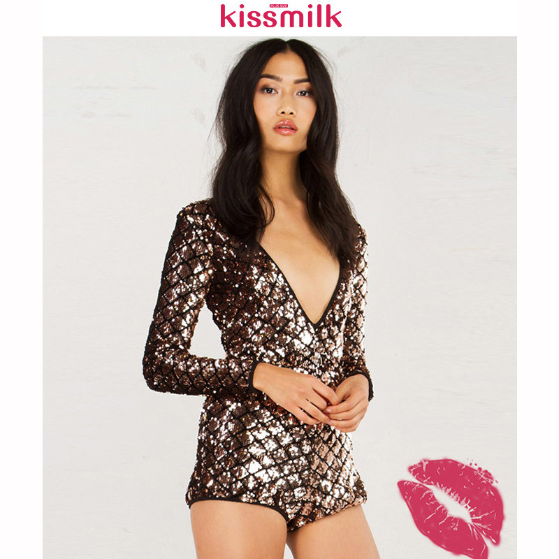 KISSMILK胖妹街头性感深V领露背blingbling亮片提臀短款连体裤
