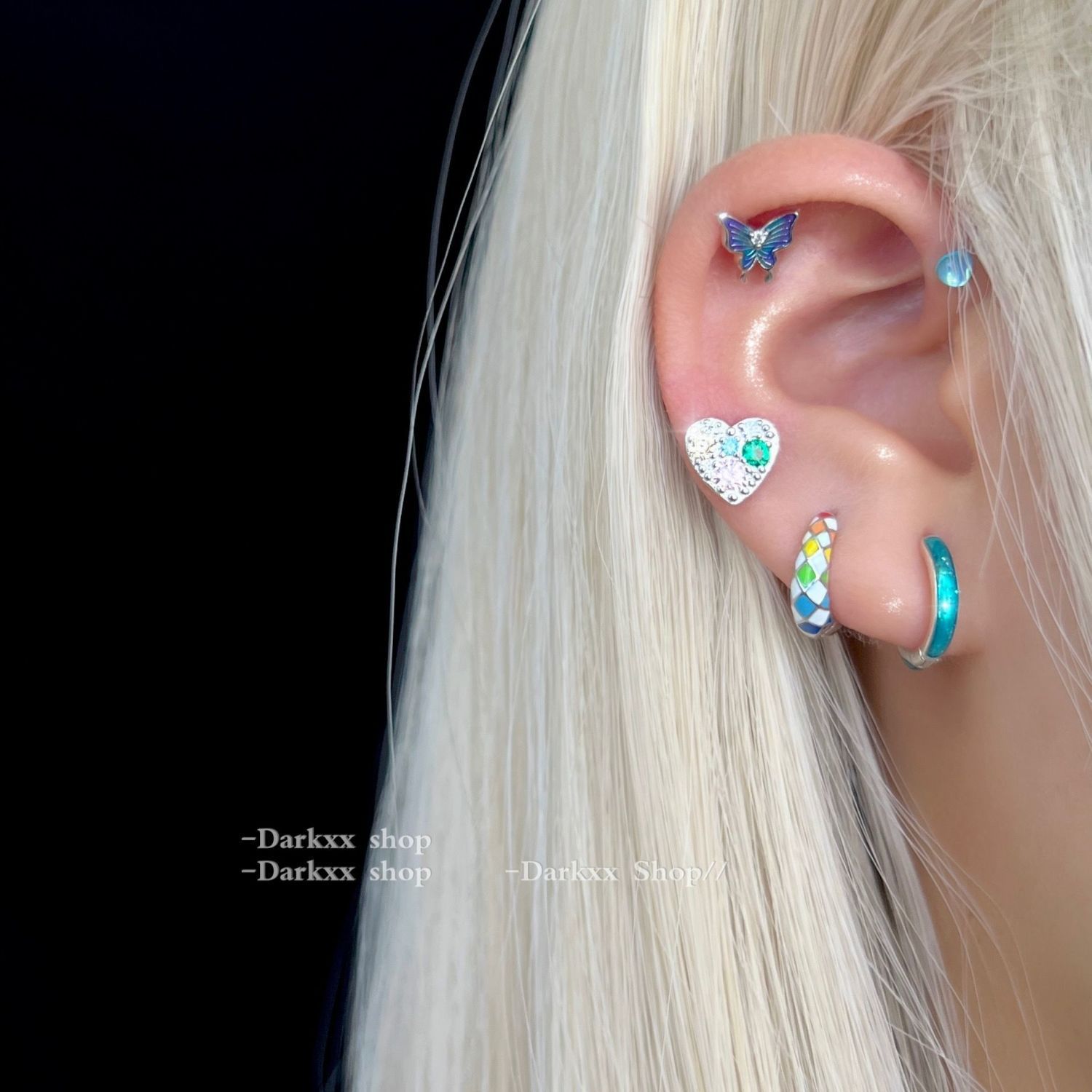 耳钉医用钛钢不过敏爱心星星幻彩锆石双耳洞平底耳骨高级感耳钉