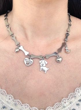 日韩冷淡风骨头小狗爱心钛钢项链女小众ins风潮酷金属朋克锁骨链