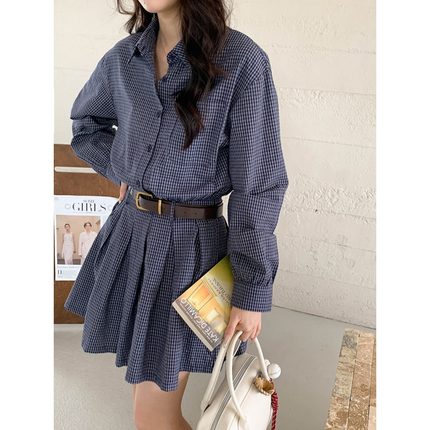 3th Morning 含腰带 中古蓝色格子衬衫连衣裙早秋新款ZY2641