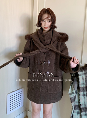 BENYAN本言 美拉德复古中长款牛角扣可拆卸毛领羊毛大衣外套82630