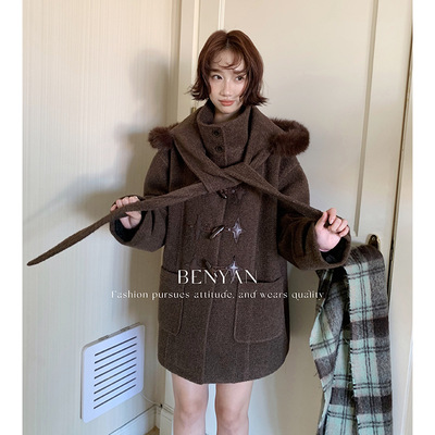 BENYAN本言 美拉德复古中长款牛角扣可拆卸毛领羊毛大衣外套82630