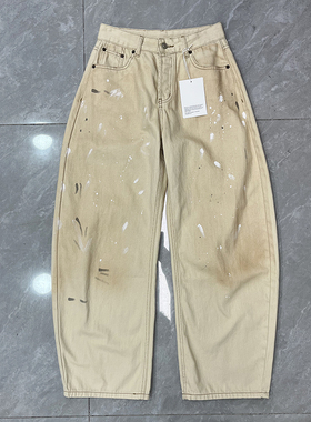 欧货AC新款女士高腰显瘦直筒阔腿裤泼墨涂鸦宽松休闲弯刀牛仔裤