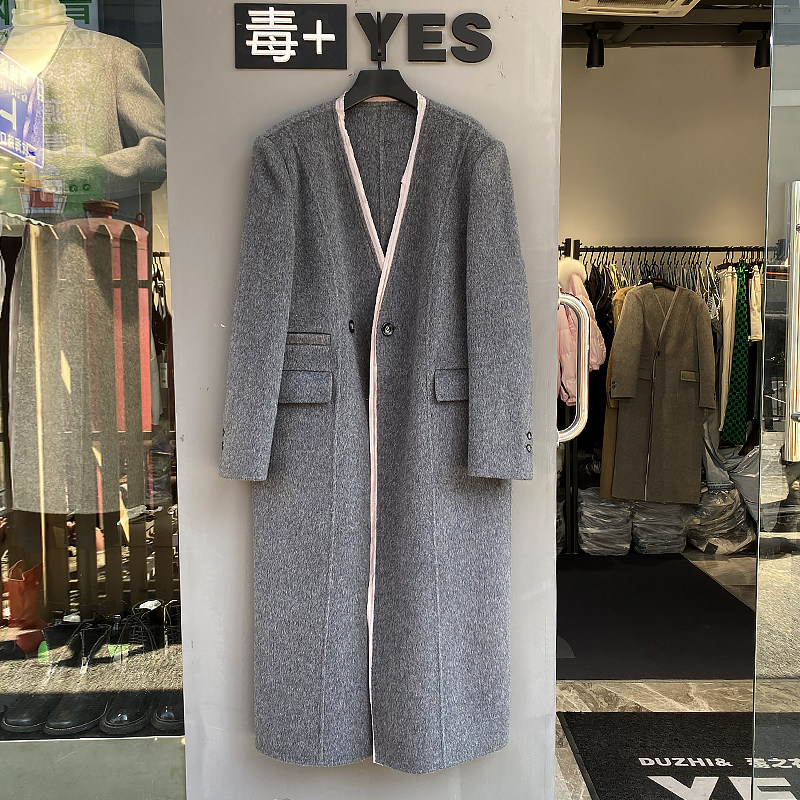 欧货秋冬气质V领一粒扣长款女士大衣高品质全羊毛双面呢高级外套