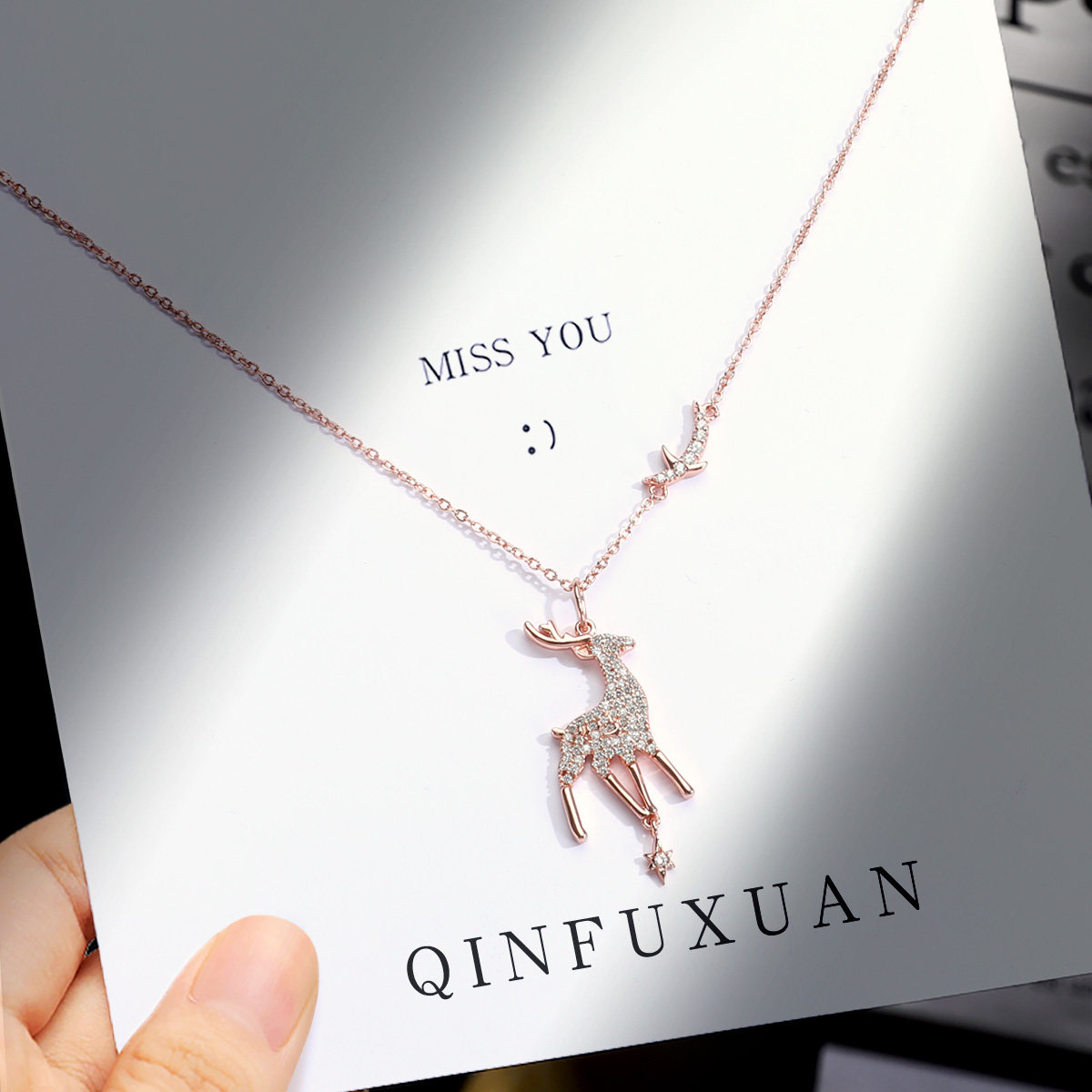 一路鹿有你银项链女锁骨链轻奢小众彩金月亮施华世洛奇玫瑰金吊坠