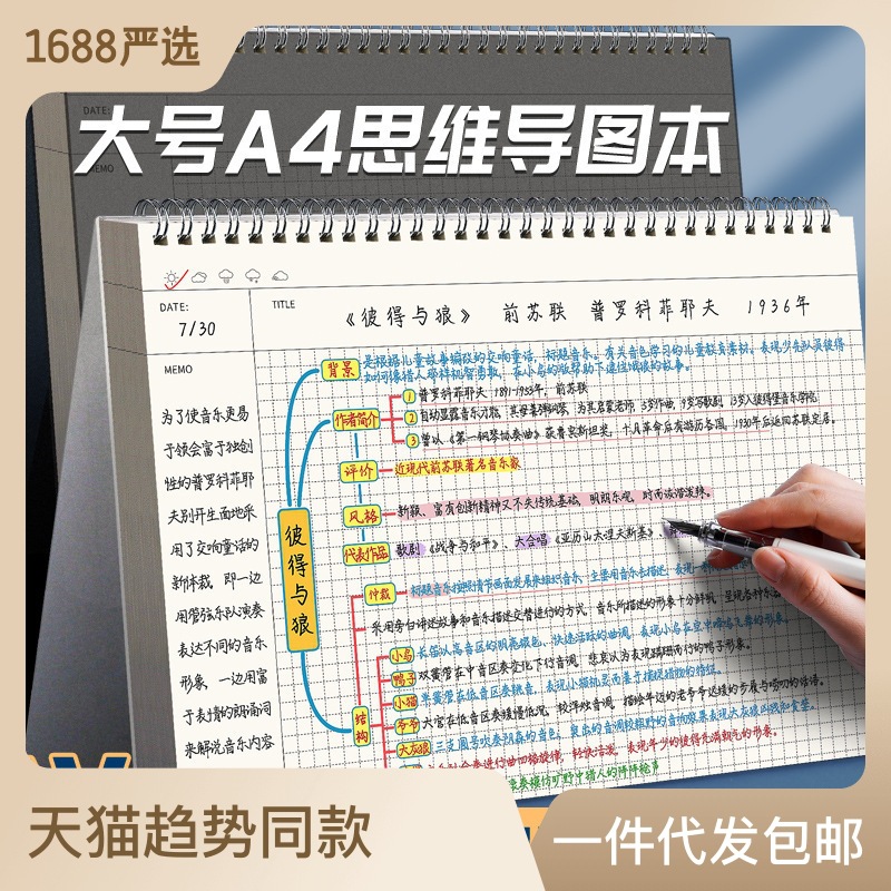 思维导图本本子强迫症笔记本子a4大号加厚b5横向尔网格方格本线圈