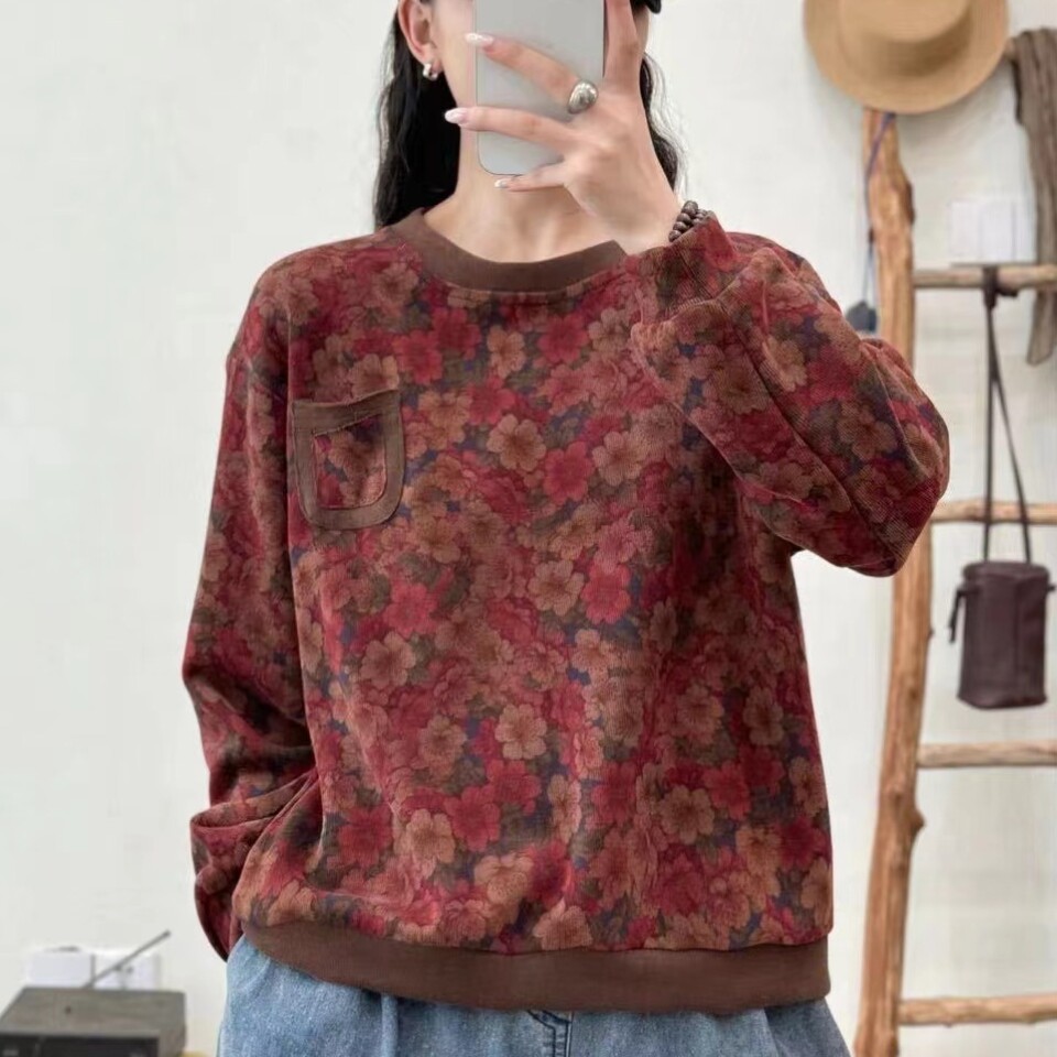 圆领加绒加厚长袖卫衣外套2025秋冬季新款韩版新款内外搭T恤女潮