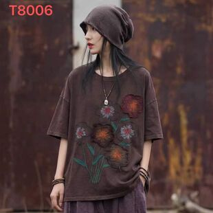 2026春款款新品文艺复古炒色做旧花朵贴布圆领短袖套头体恤衫女士