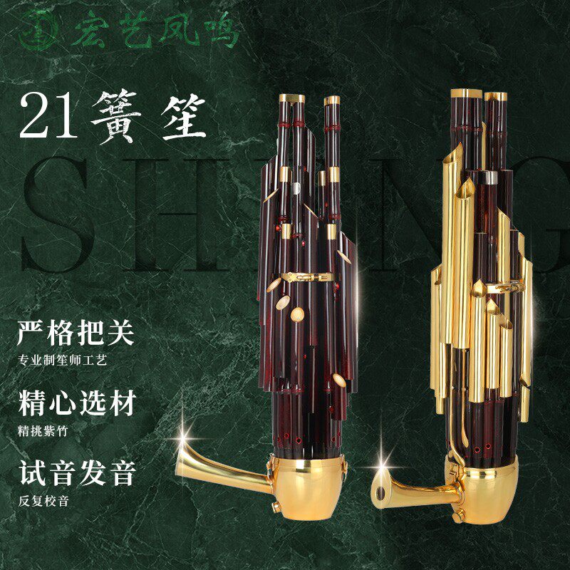宏艺凤鸣扩音紫竹21簧笙乐器圆方笙初学者笙包专业演奏厂家直销