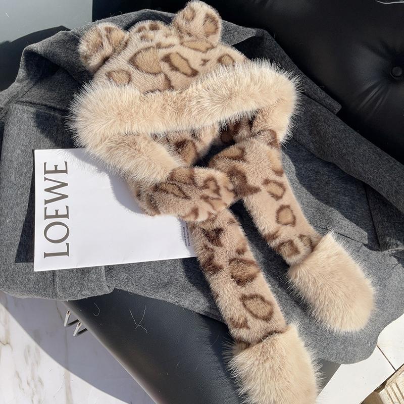 新款豹纹帽仿皮草狐狸毛围巾围脖
