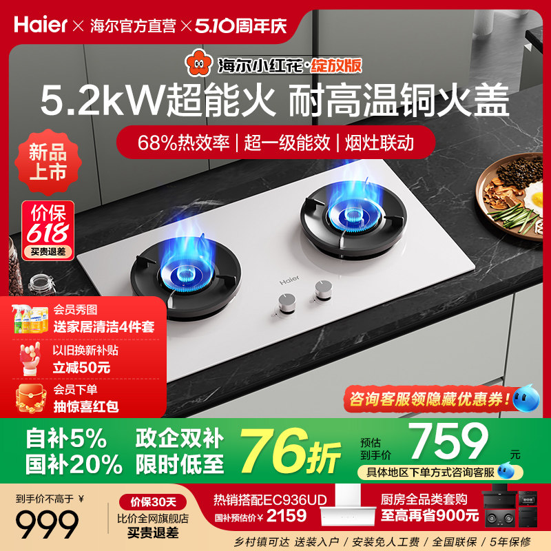 【政府补贴】海尔小红花燃气灶天然气煤气灶家用双猛火灶台Q2BEC