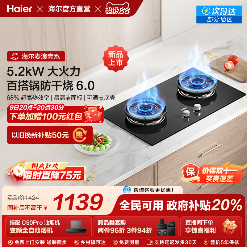海尔麦浪QGBE2天然气液化气煤气灶家用厨房防干烧双灶猛火燃气灶