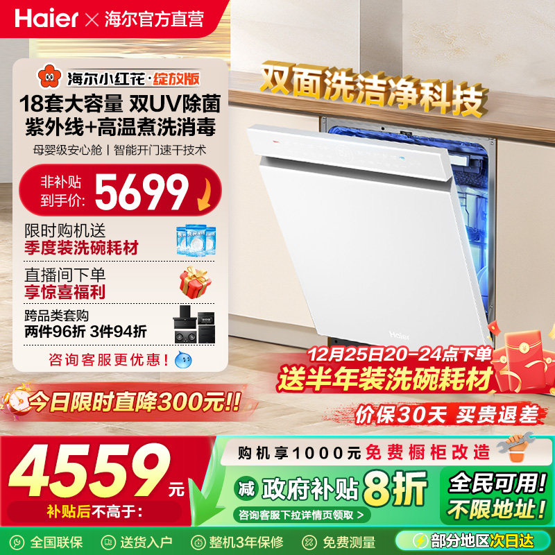 [水精灵]海尔小红花W5000Plus双面洗18套嵌入式洗碗机家