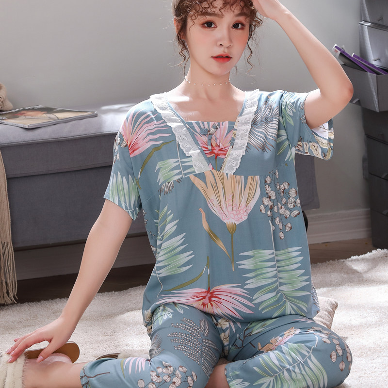 睡衣女夏人造棉薄款夏季成年季短袖绵绸大码居服春秋可爱连体公主