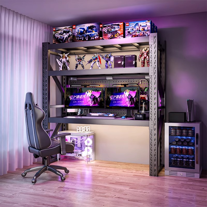 电脑桌家用可升降货架电竞桌diy带洞洞板多层收纳层架工作台书桌