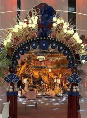 户外景区古镇文旅街区展会门头大型凤冠装饰玻璃门花艺装置道具