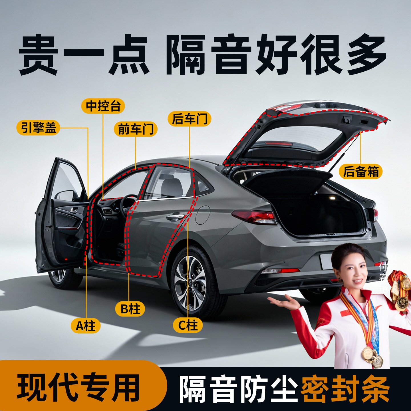 现代伊兰特名图领动ix35朗动途胜B柱汽车车门隔音密封条门缝胶条