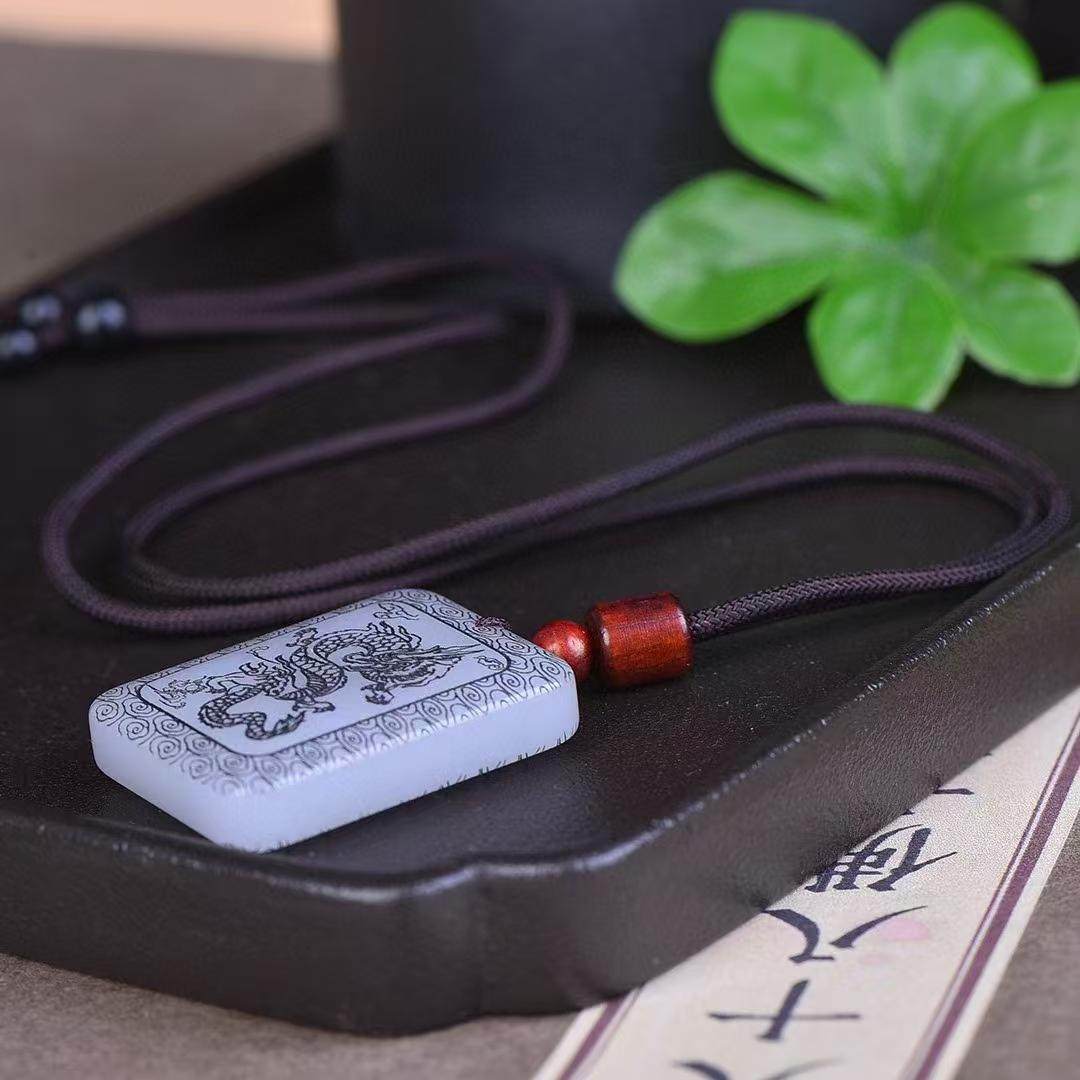 纯天然新疆金丝玉龙财吉祥双面玉牌男士玉石挂件雕刻项坠羊脂白玉