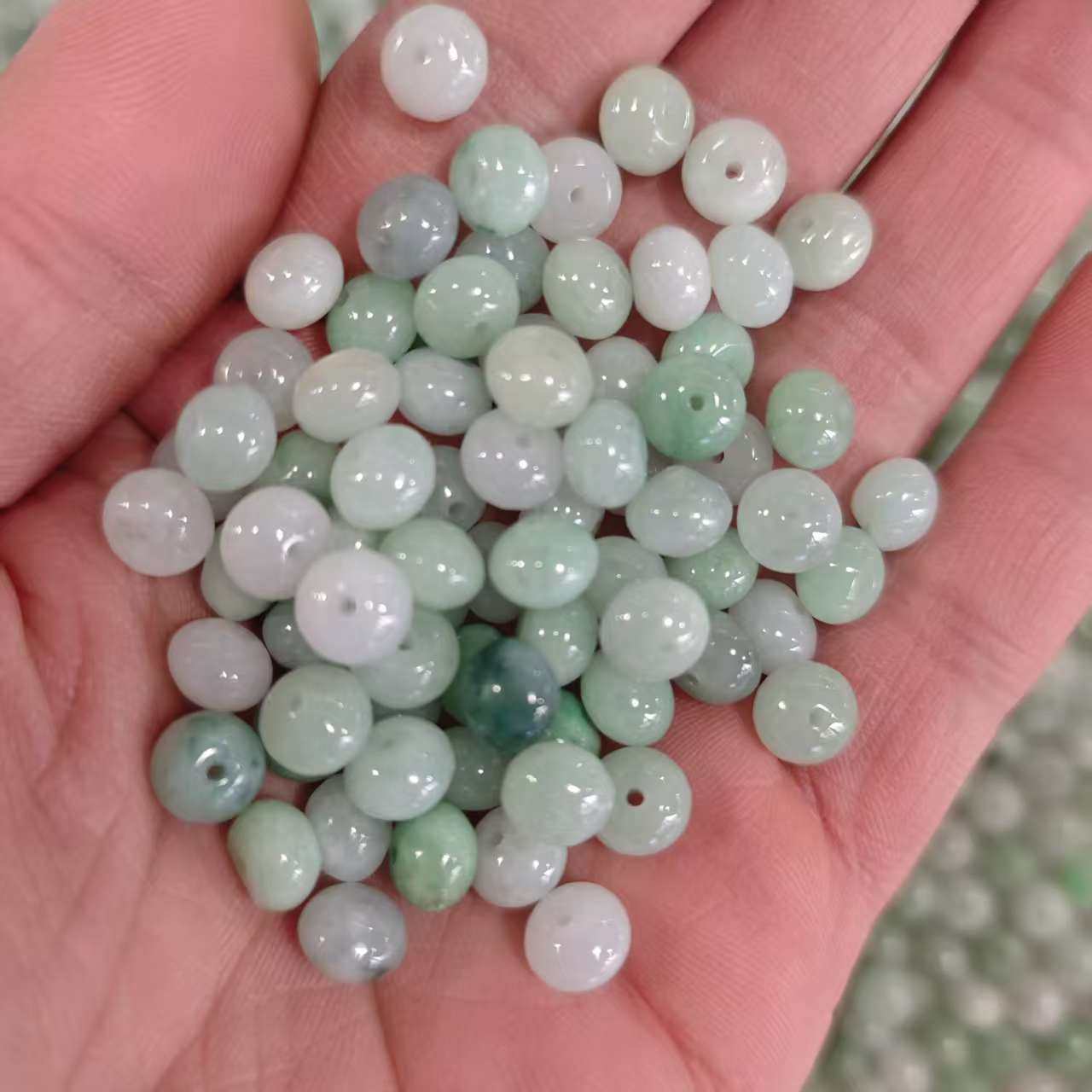 天然翡翠A货豆种算盘珠隔片扁古散珠8mm白色玉石串珠DIY手链配件