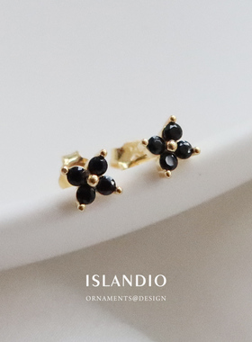 ISLANDIO黑玛瑙四叶草18K金耳钉精致小巧养耳朵夏天新品银耳饰女